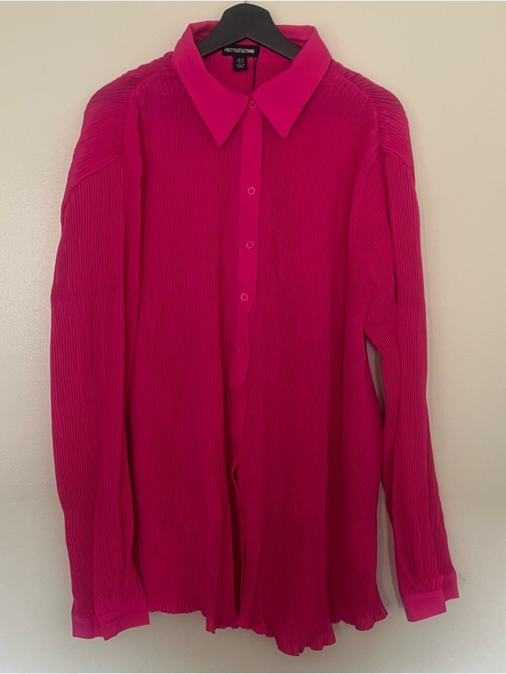 PrettyLittleThing Hot Pink Plisse Button Front Oversized Long sleeve Shirt US10